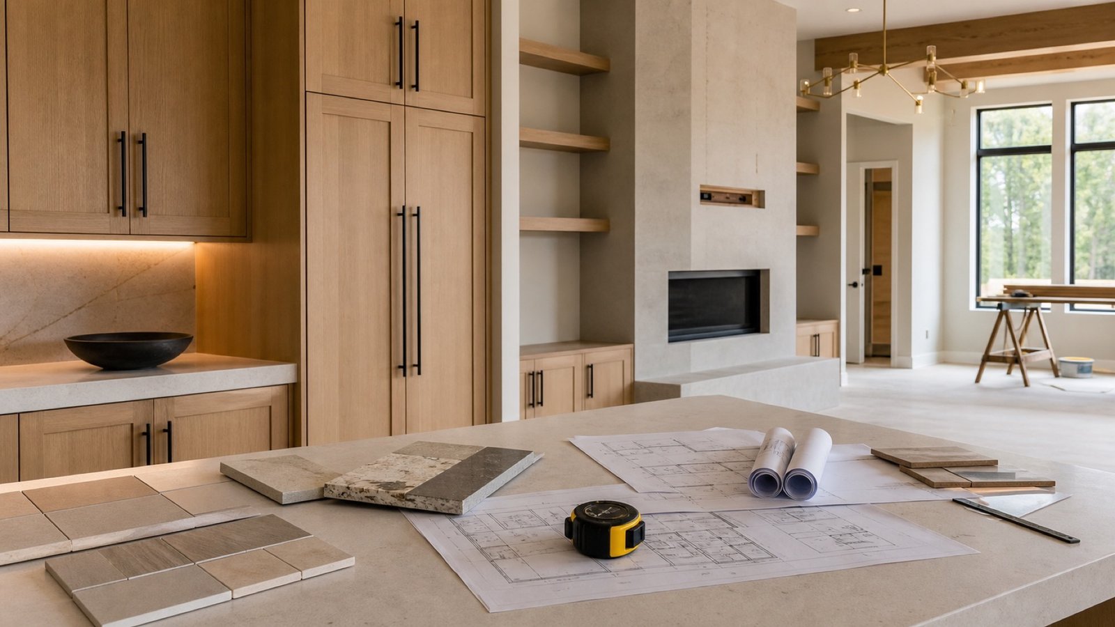 Modern tadilat, doğal taş, ahşap ve proje çizimleriyle Reçine Yapı malzeme seçim alanı