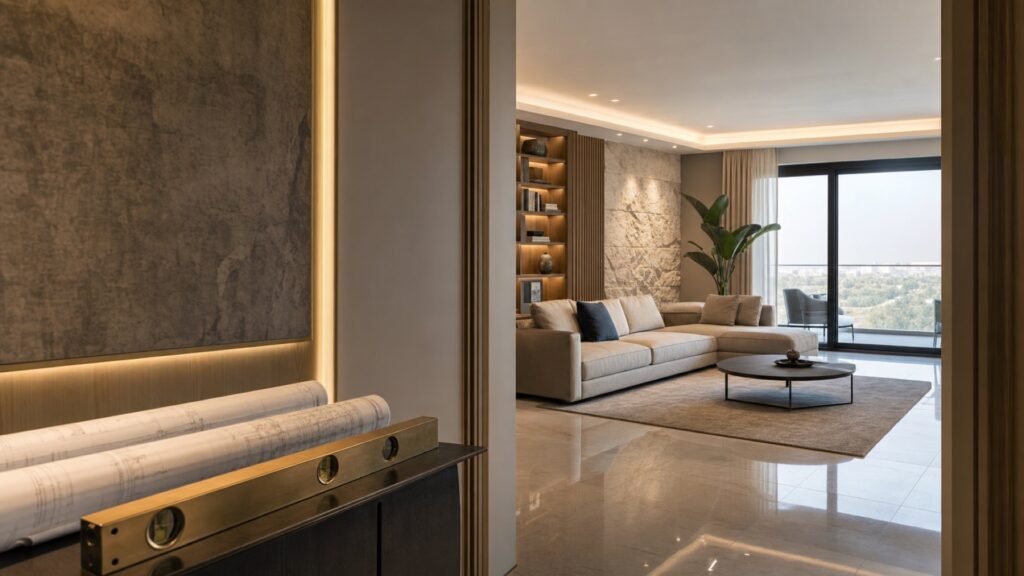 Doğal taş duvar, özel mobilya, cam balkon ve proje çizimleriyle tamamlanmış modern salon