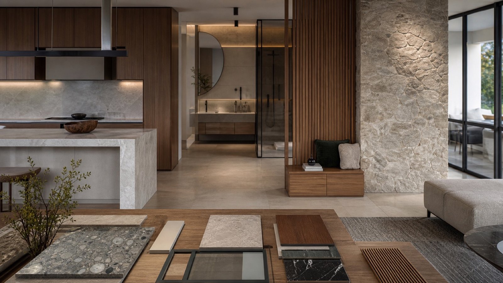 Mutfak, banyo, doğal taş, cam ve ahşap uygulamalarını birlikte gösteren modern iç mekan